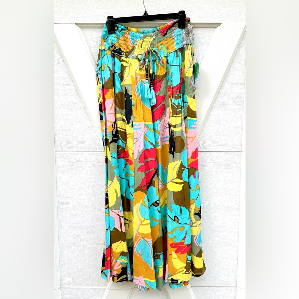 True Destinations Teal Tropical Extra Wide Leg Pants